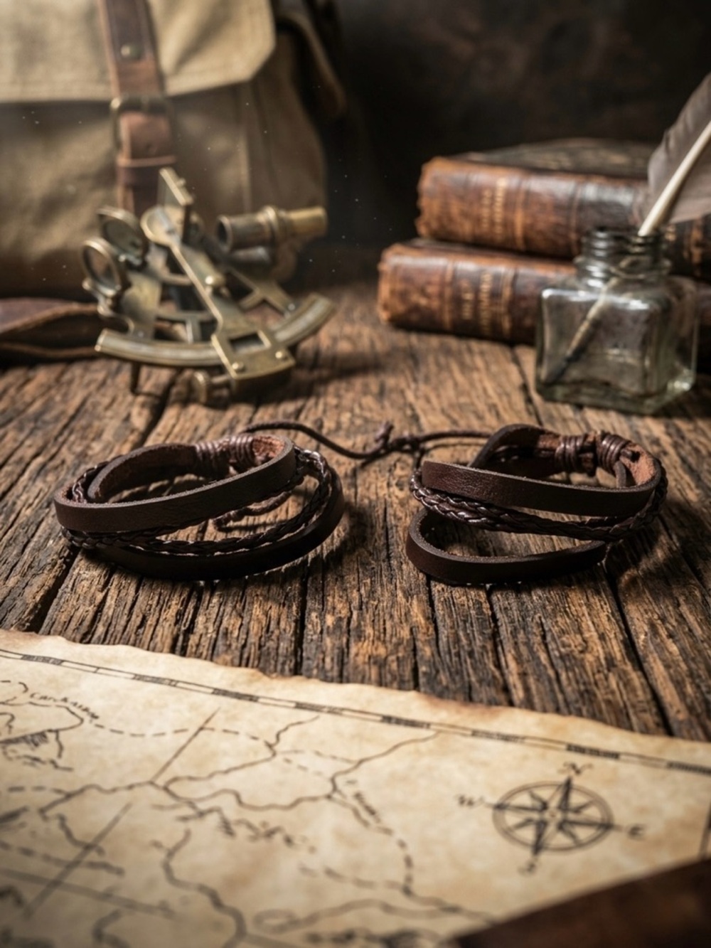 Hand Crafted Brown Layered Leather Bracelet Set